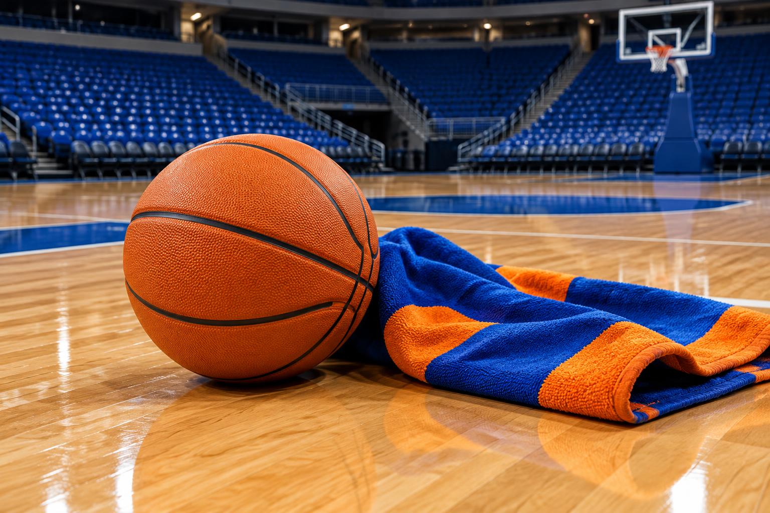 Illustrative basketball on a court with a blue and orange towel