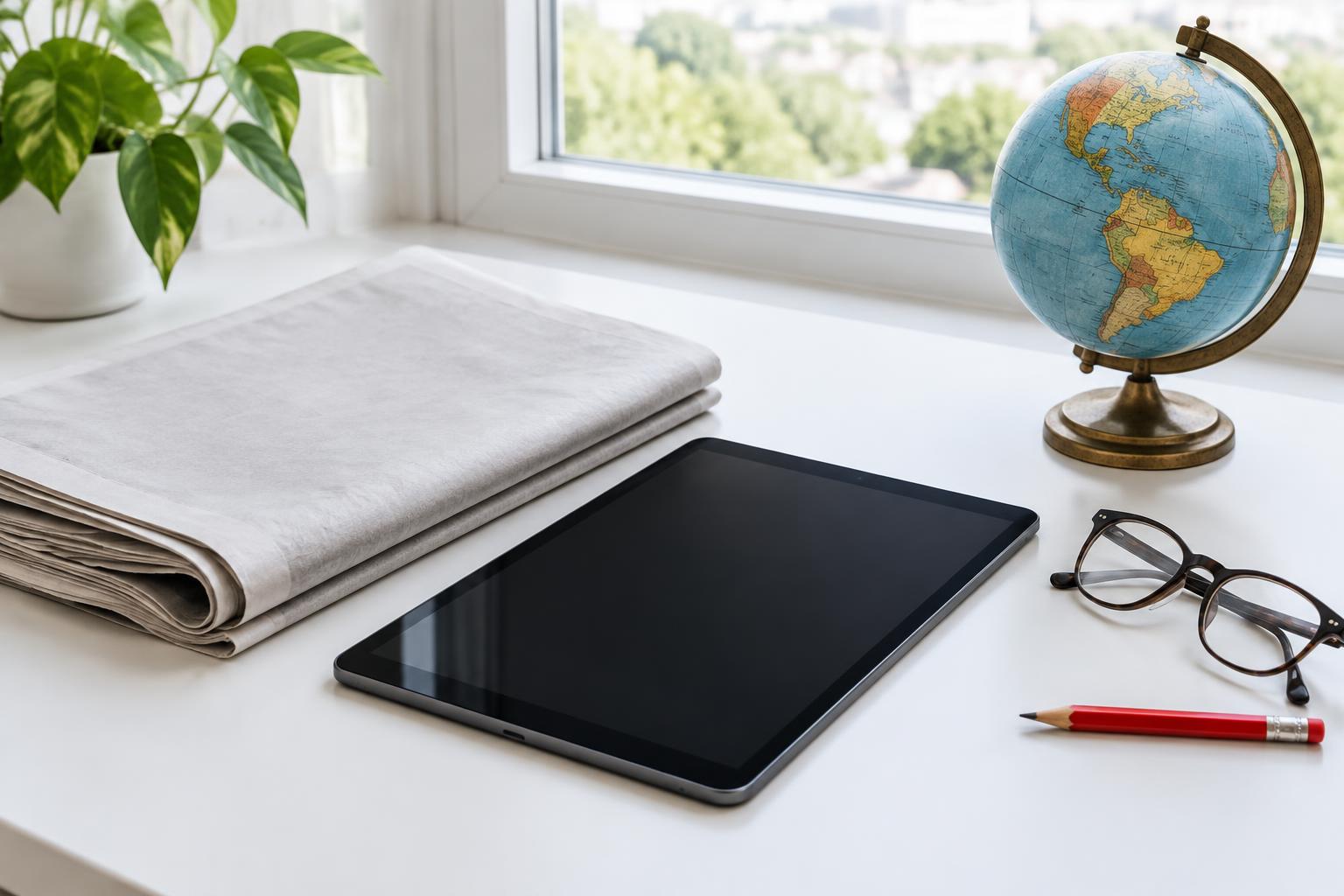 Illustrative newspaper, tablet and globe; not event photography